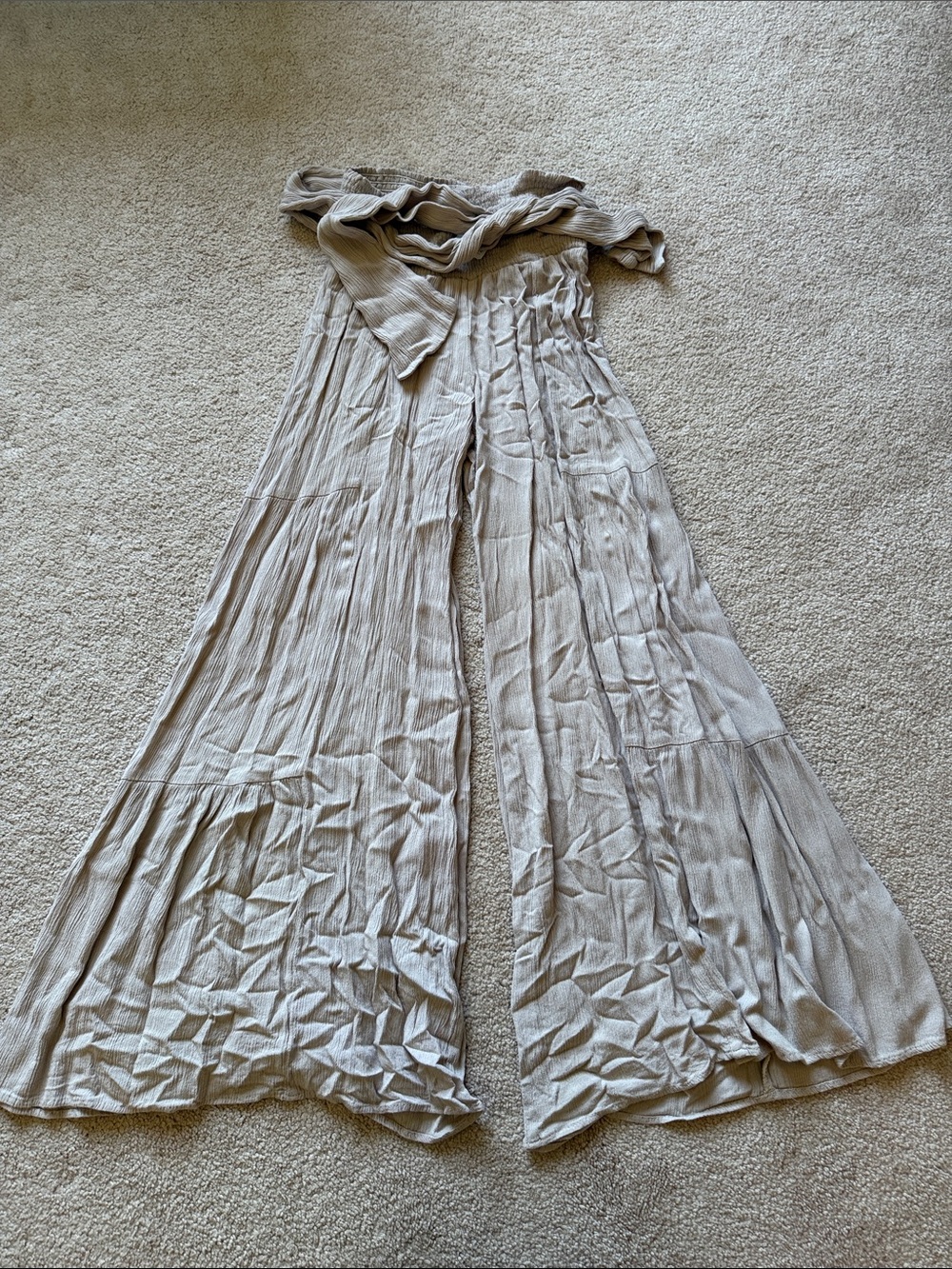 bohme Light Taupe Wide-Leg Pleated Jumpsuit Pants